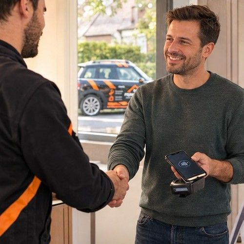 Technicien RépareTout serrant la main d'un client satisfait