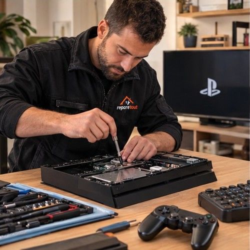 Technicien RépareTout réparant un ordinateur portable