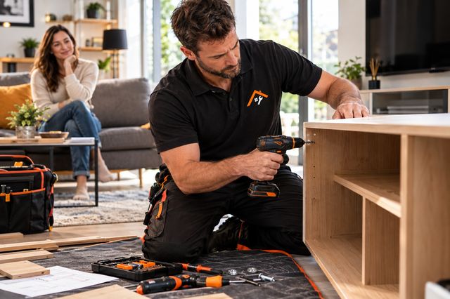 Technicien RépareTout montant un meuble en kit au domicile d'une cliente