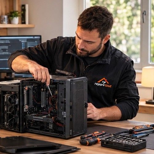 Technicien RépareTout réparant un ordinateur de bureau