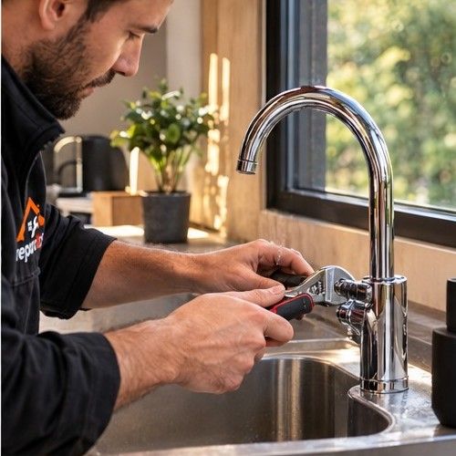 Technicien RépareTout réparant un robinet de cuisine
